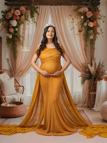 A regal pose in the same boho setup, with the mom-to-be wearing a tiara. This shows how we can customize a theme to match your style.