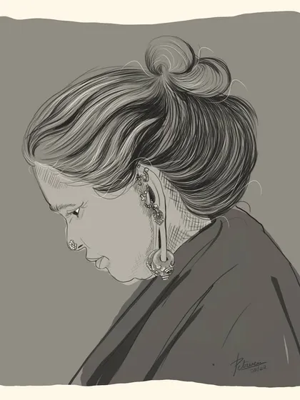 The same digital portrait in a monochrome color scheme, which highlights the line work and shading in her hair and features.