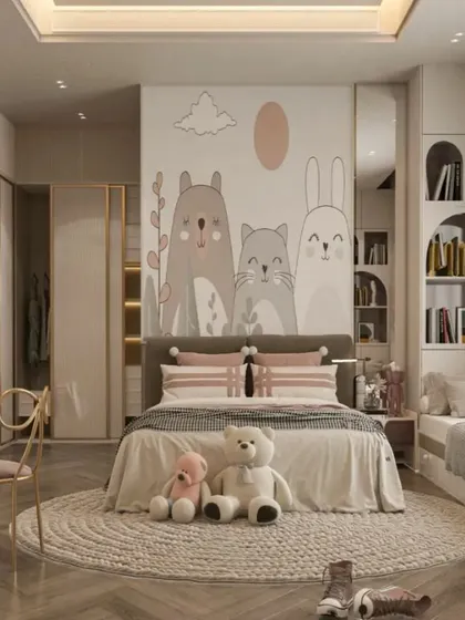 A soft and gentle bedroom design for a child, featuring a cute animal-themed wall mural. The room includes a window-side reading nook and a vanity, creating a multi-functional and charming space.