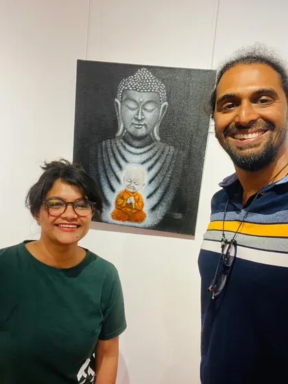 Happy to have friends visit and appreciate the art.