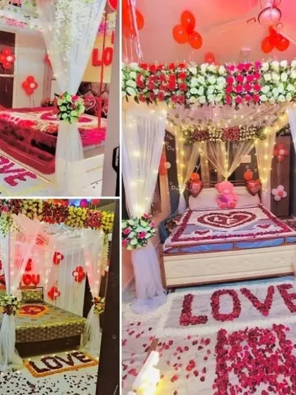 A collage showcasing various four-poster bed decorations for romantic occasions. Setups include canopies, flowers, fairy lights, and 'LOVE' messages made from rose petals.