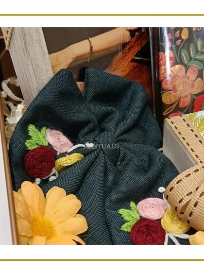 A detail shot of the embroidered pouch included in the birthday box.