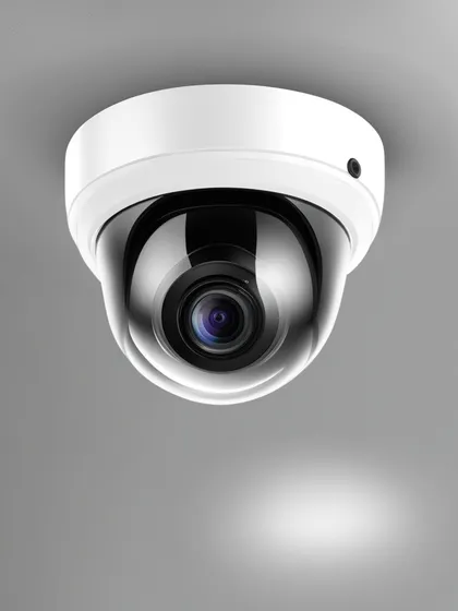 A close-up view of a ceiling-mounted dome camera, a versatile solution for indoor surveillance. Its discreet, low-profile design makes it suitable for professional environments like offices, lobbies, and retail spaces where aesthetics are as important as security.