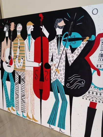 A side angle of the completed musical band painting, showing the clean lines and bold colors. This piece was a custom commission designed to be a statement artwork in a client's living hall.
