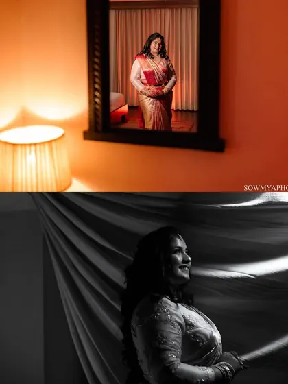 A creative bridal portrait collage, using a mirror reflection and dramatic shadows to create an artistic and moody effect.