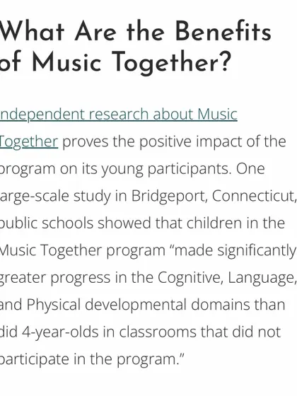 The benefits of our program are proven by independent research. Studies show that children in our classes make significant gains in cognitive, language, and physical development.