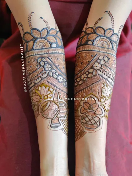A unique bridal design featuring dhol and shehnai instruments, celebrating the music and joy of a wedding.