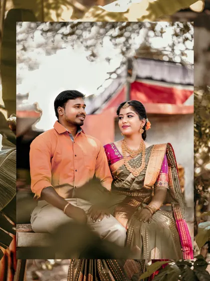 A framed portrait of the couple, offering another beautiful view of the bride's traditional engagement attire.