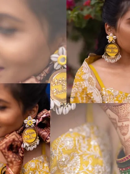 A creative collage focusing on the bride's custom Haldi earrings, which have the couple's names written in them.