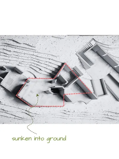 This annotated model highlights the part of the structure that is sunken into the ground. This design strategy helps maintain a low profile and enhances the building's thermal insulation, making it more sustainable.