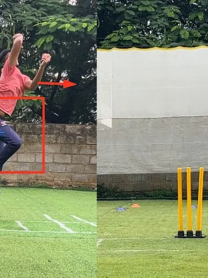 This angle shows the dramatic improvement in the left arm spinner's body alignment at the crease. A coordinated finish is the result of getting every part of the action, from jump to release, working together.
