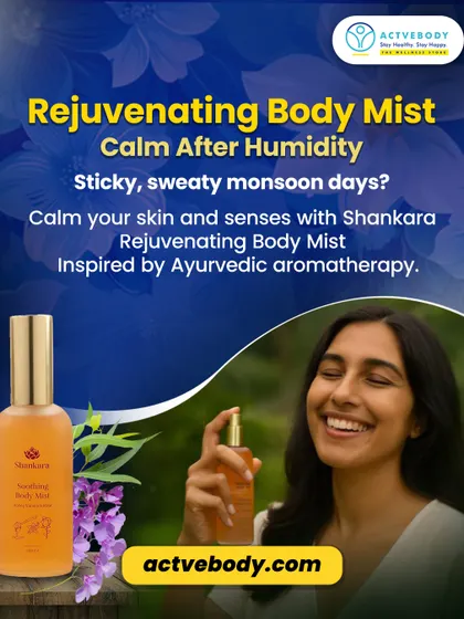Feeling the sticky, sweaty effects of monsoon humidity? This image of a woman happily spritzing Shankara Rejuvenating Body Mist shows how this Ayurvedic aromatherapy product can calm your skin and senses.