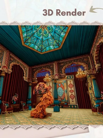 A 3D render of the hexagonal stained-glass ceiling for the Mysore Durbar Hall recreation. This detailed digital plan was essential for hand-crafting the complex and beautiful final structure.