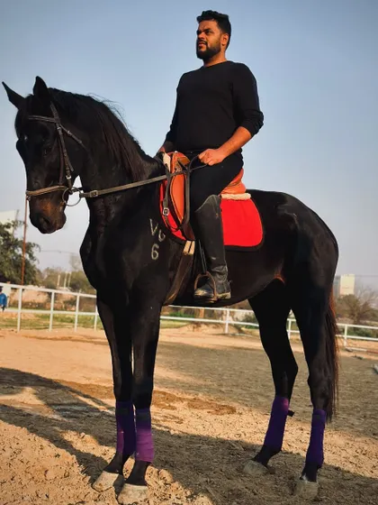 A full-body shot of a rider mounted on a tall black horse. The horse is equipped with leg wraps, indicating preparation for training or exercise.