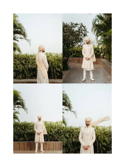 A four-part collage of the groom, showcasing his classic sherwani from different angles. It's a complete look at his dapper wedding day style.
