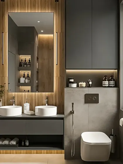 This modern bathroom combines functionality with spa-like luxury. I used a floating dual-sink vanity in matte grey, complemented by warm wood paneling and backlit mirrors to create a warm, inviting ambiance while maximizing storage.