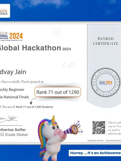 We also celebrate Advay Jain for ranking 71 out of 1290 in the same Global Hackathon 2024. His success demonstrates the high level of problem-solving skills our students develop.