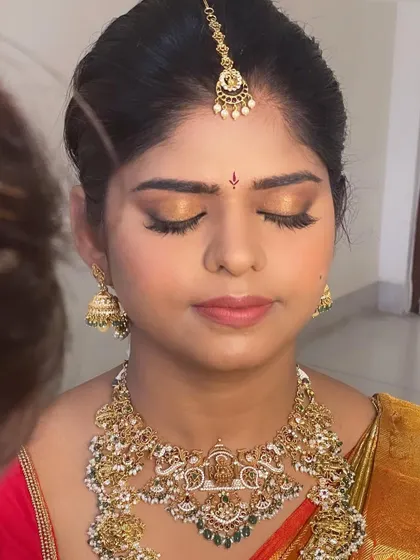 A key focus in my pro classes is mastering eye makeup. This close-up shows a beautiful golden eye look, a versatile technique for bridal and party makeup that I teach step by step.