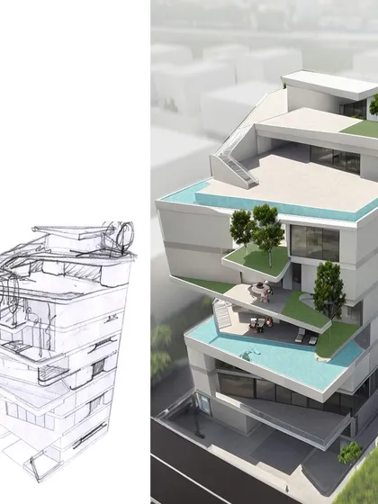 Option 3 for the Bengaluru residence, translating a complex sectional sketch into a multi-level home with pools and terraces.
