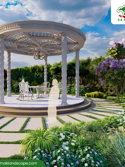 A classical white gazebo serves as the focal point in this beautifully rendered garden design. Surrounded by flowering trees and intricate pathways, it provides a timeless and elegant destination for quiet contemplation or social gatherings.