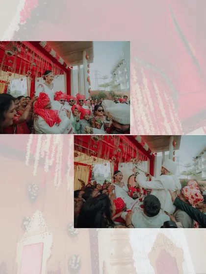 A collage capturing the fun and excitement of the groom's welcome, a tradition filled with playful moments and family joy.