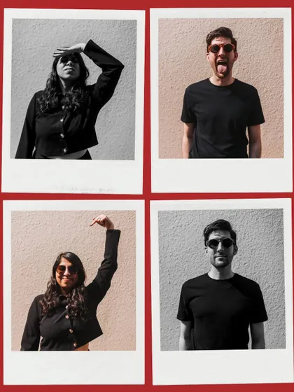 A fun polaroid-style collage showing the playful and goofy side of the couple. These shots are great for showing personality beyond the romantic poses.