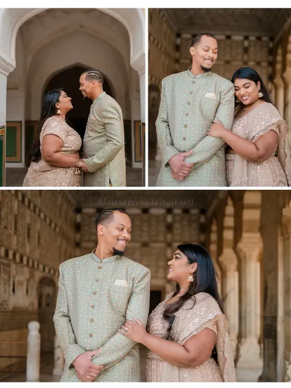 Close-up and medium shots of Kenneth and Lakshmi inside the fort, highlighting their beautiful coordinated outfits and the architectural details.