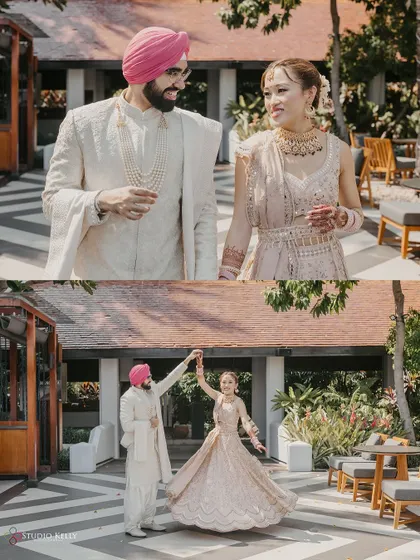 A collage capturing the couple's playful and romantic moments, including a sweet dance, during their wedding day in Bangkok.
