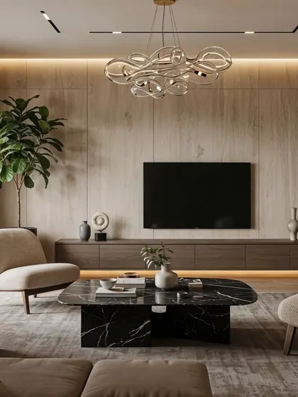 A modern living room concept with Japandi influences. The space features a light wood accent wall, a dark marble coffee table, and a stunning sculptural chandelier.