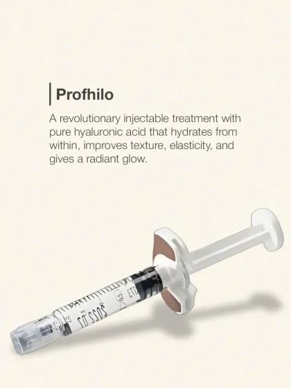 This graphic defines Profhilo as a revolutionary injectable treatment. It uses pure hyaluronic acid to hydrate from within, improving texture, elasticity, and radiance.