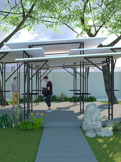 This is a design proposal for a recreational space for an IT firm. The structure features tiered, leaf-like roof planes supported by tree-like columns, designed to harmonize with the surrounding natural context.