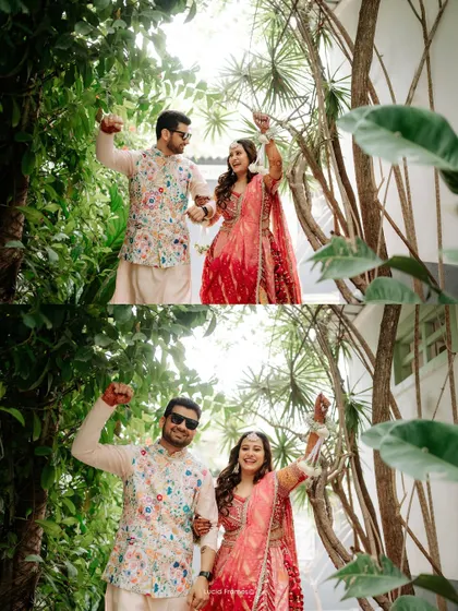 A fun, energetic shot of the couple making their entrance, ready to celebrate with their friends.