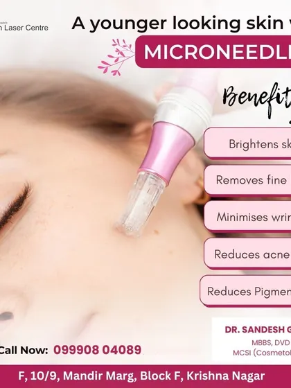 This graphic explains the benefits of microneedling, also known as collagen induction therapy. It brightens skin, removes fine lines, minimizes wrinkles, and reduces acne scars and pigmentation.
