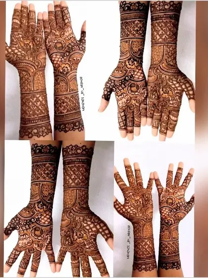 This collage presents four different views of a bridal henna design, perfect for seeing all the details from every angle.