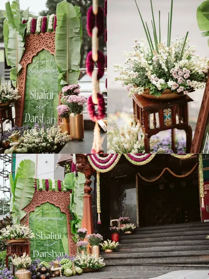 The entrance to the engagement ceremony, featuring a personalized welcome sign framed by banana leaves and fresh flowers. This first impression sets the tone for a warm and traditional celebration.