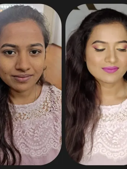 A small step in a long journey. This before and after from one of my practice sessions shows a halo eye effect with a bright pink lip, showcasing my continuous learning.