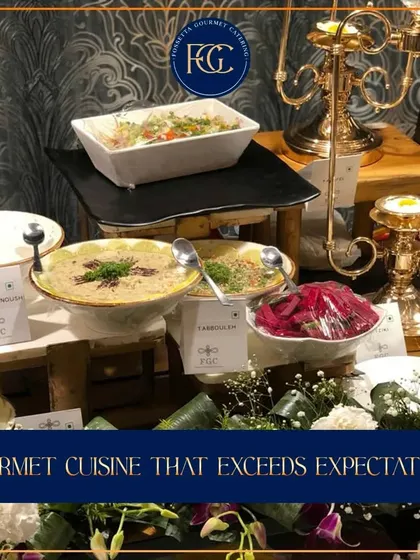 A display of Mediterranean and Middle Eastern dishes, including Baba Ghanoush and Tabbouleh. This shows the variety of cuisines we offer, all presented with the same high standard of elegance.