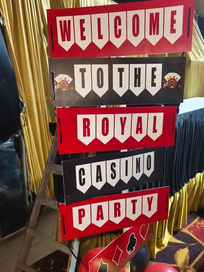 A custom "Royal Casino Party" welcome sign designed for a themed Diwali event.
