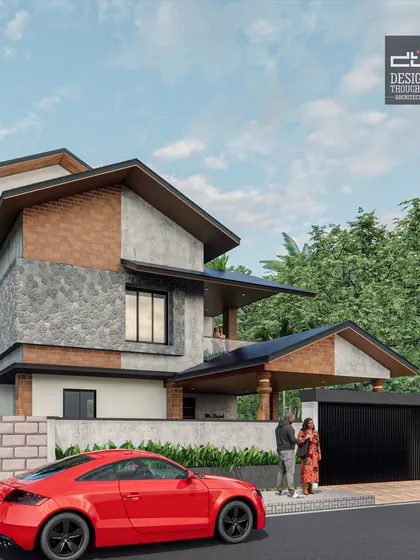 A beautiful blend of modern design with regional charm. This elevation features exposed brickwork, elegant stone cladding, and sloped metal roofs, creating a home that feels both contemporary and rooted in vernacular traditions.