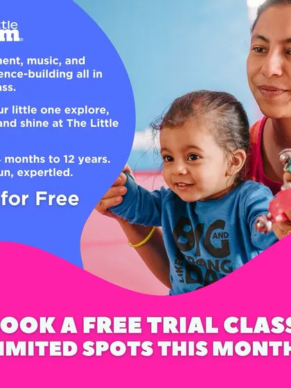 Movement, music, and confidence-building all in one class. This promotional image invites you to book a free trial for your child, with limited spots available.