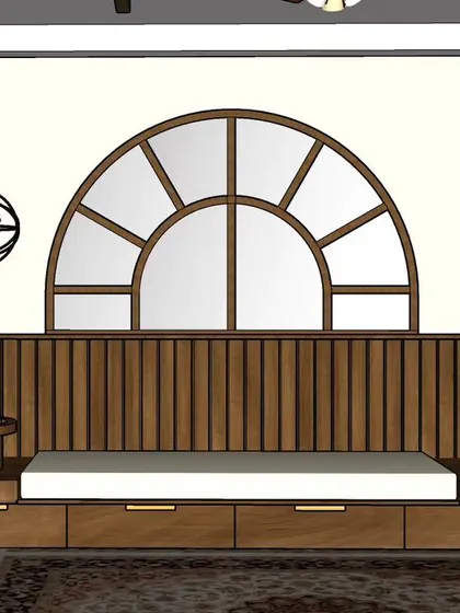 A 3D sketch for a living room seating area. This concept includes a built-in bench with storage drawers, a large arched window mirror, and a mix of industrial and traditional decor elements.