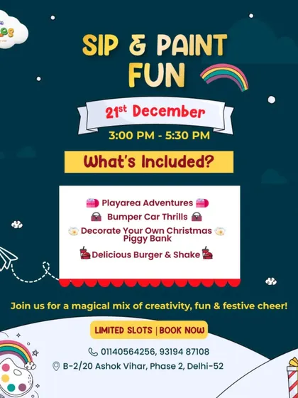 Sip & Paint Fun for the holidays! This Christmas event includes decorating your own piggy bank, along with playtime and a delicious burger and shake.