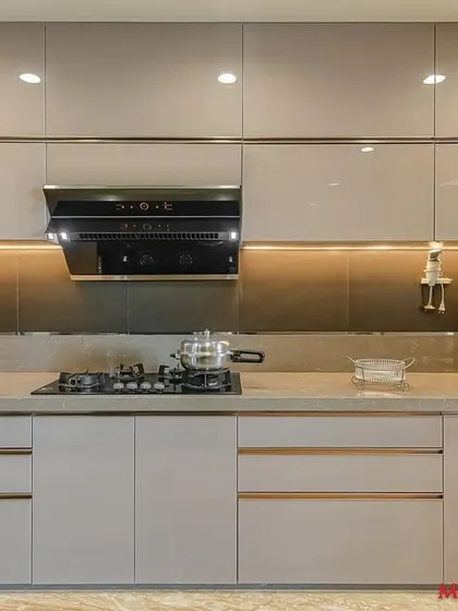 A full view of the acrylic parallel kitchen, showcasing its modern and sophisticated aesthetic.