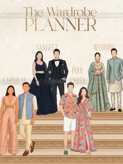 Guests always ask what to wear, so I created these illustrated wardrobe planners. This insert shows custom outfits for each event, from the Sangeet to a pool party, making it super easy and fun for everyone to get the dress code right.
