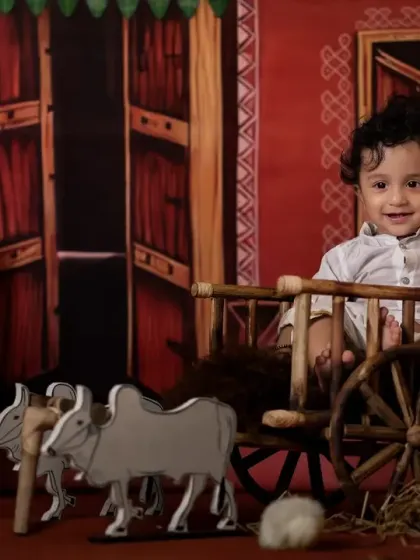 A trip to a vintage village. This rustic, cultural theme with a bullock cart is a unique way to connect with heritage.