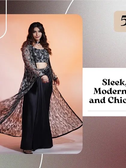 Sleek, modern, and chic. This black draped saree with a printed jacket is a contemporary take on a classic, perfect for when you want to make a fashion-forward statement.
