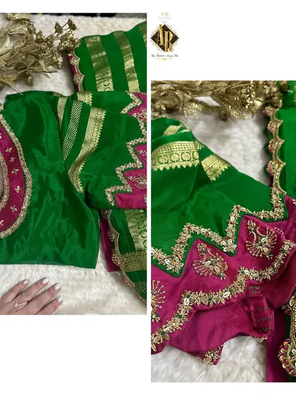 A unique design featuring a green blouse with a contrasting pink chevron pattern on the sleeves. The zig-zag pattern is highlighted with intricate zardosi embroidery.