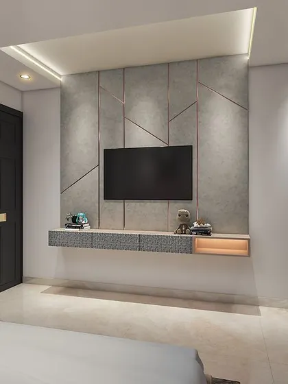 The TV wall in this bedroom concept features a geometric grey panel, providing a stylish and contemporary focal point.