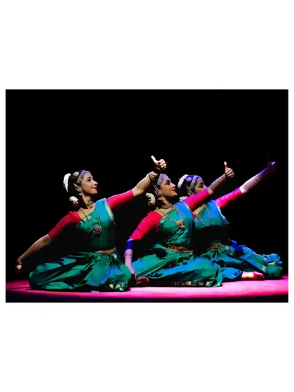 The Chithkala ensemble in a synchronized pose during 'Tyagaraja Hrt Sadana'. My choreography emphasizes precision in group work to create visually striking patterns.