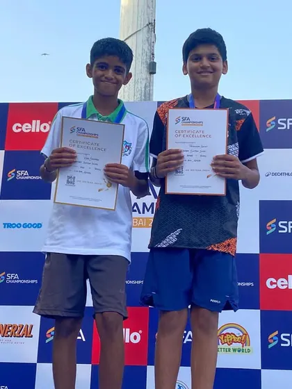 A proud moment for our academy. Here are our champions, Pradhyuman Savant and Vyom Shivmath, with their gold medals in the Under 14 Doubles at the SFA Championship. This is what hard work and proper guidance can achieve.